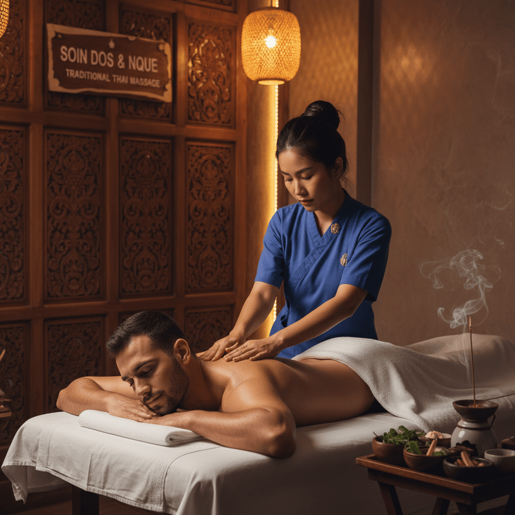 Soin dos et nuque pour homme dans une ambiance thaï traditionnelle