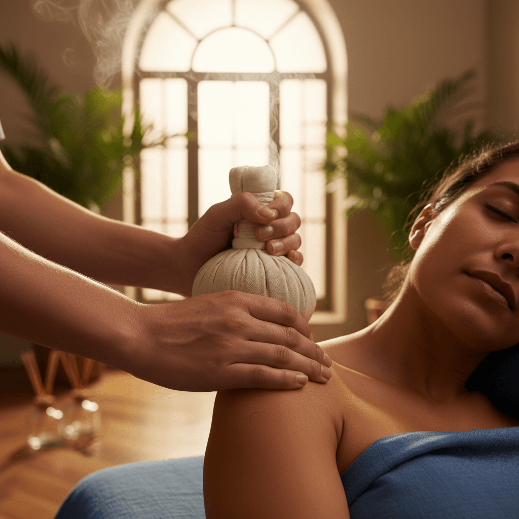 Massage aux pochons d'herbes pour femme dans un spa apaisant